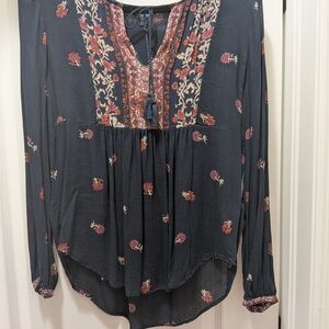 Lucky Brand Navy Boho Floral Embroidered Peasant Tunic